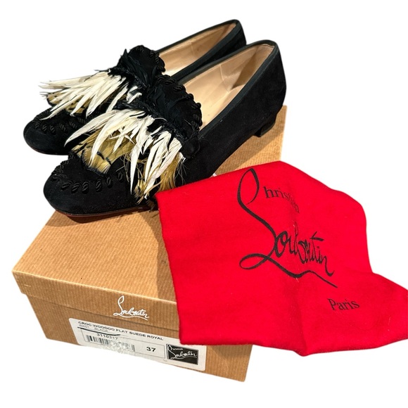 CHRISTIAN LOUBOUTIN Made in Italy Black Suede Croc Woodoo Feather Loafers - Picture 1 of 8
